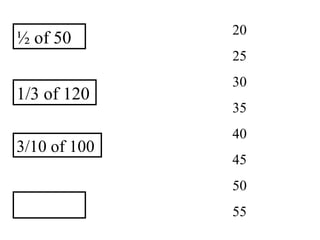 ½ of 50
1/3 of 120
3/10 of 100
20
25
30
35
40
45
50
55
 