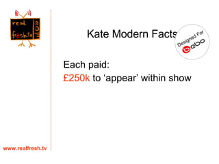 Each paid:  £250k  to ‘appear’ within show www.realfresh.tv Kate Modern Facts 