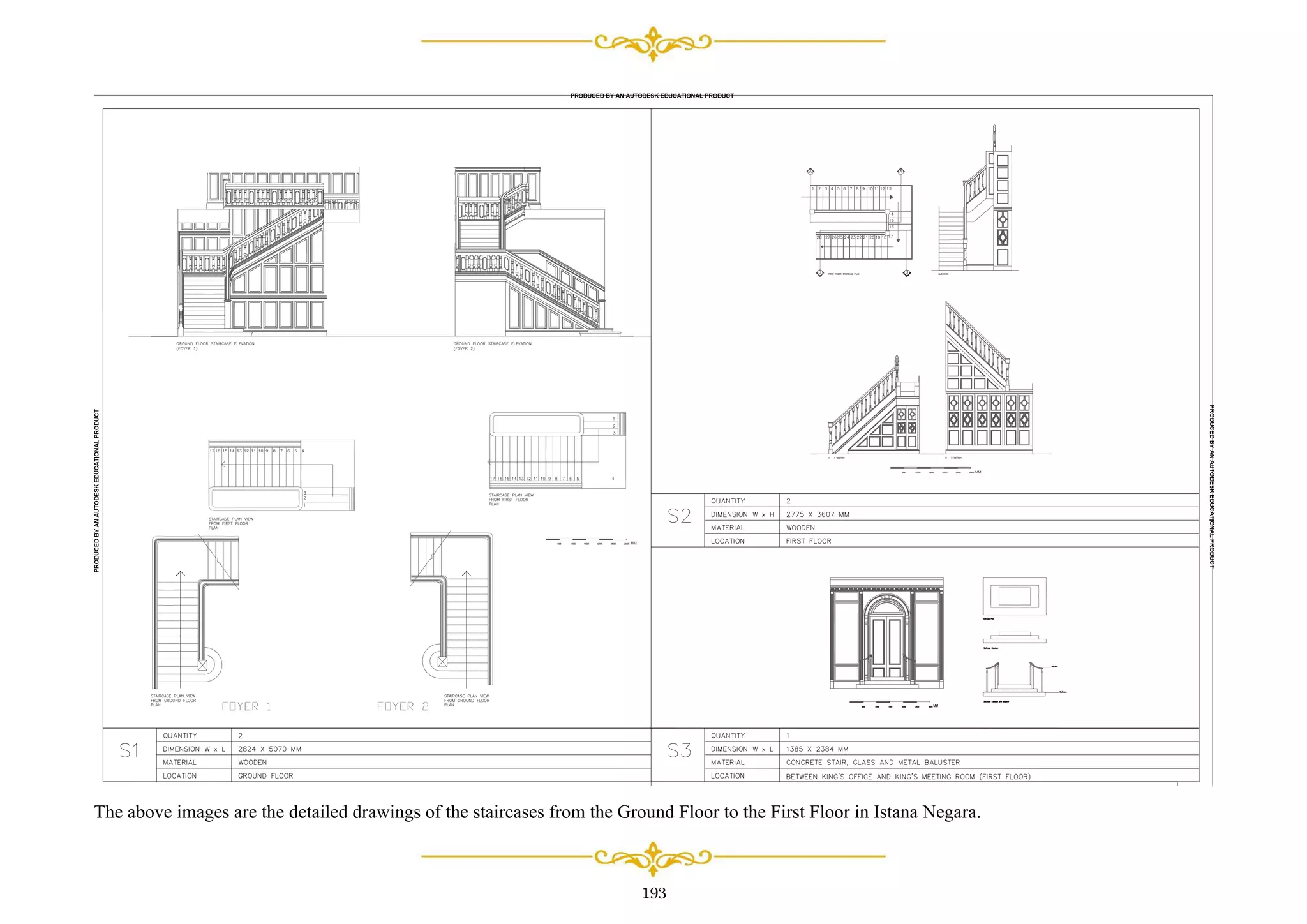 193
The above images are the detailed drawings of the staircases from the Ground Floor to the First Floor in Istana Negara.
 