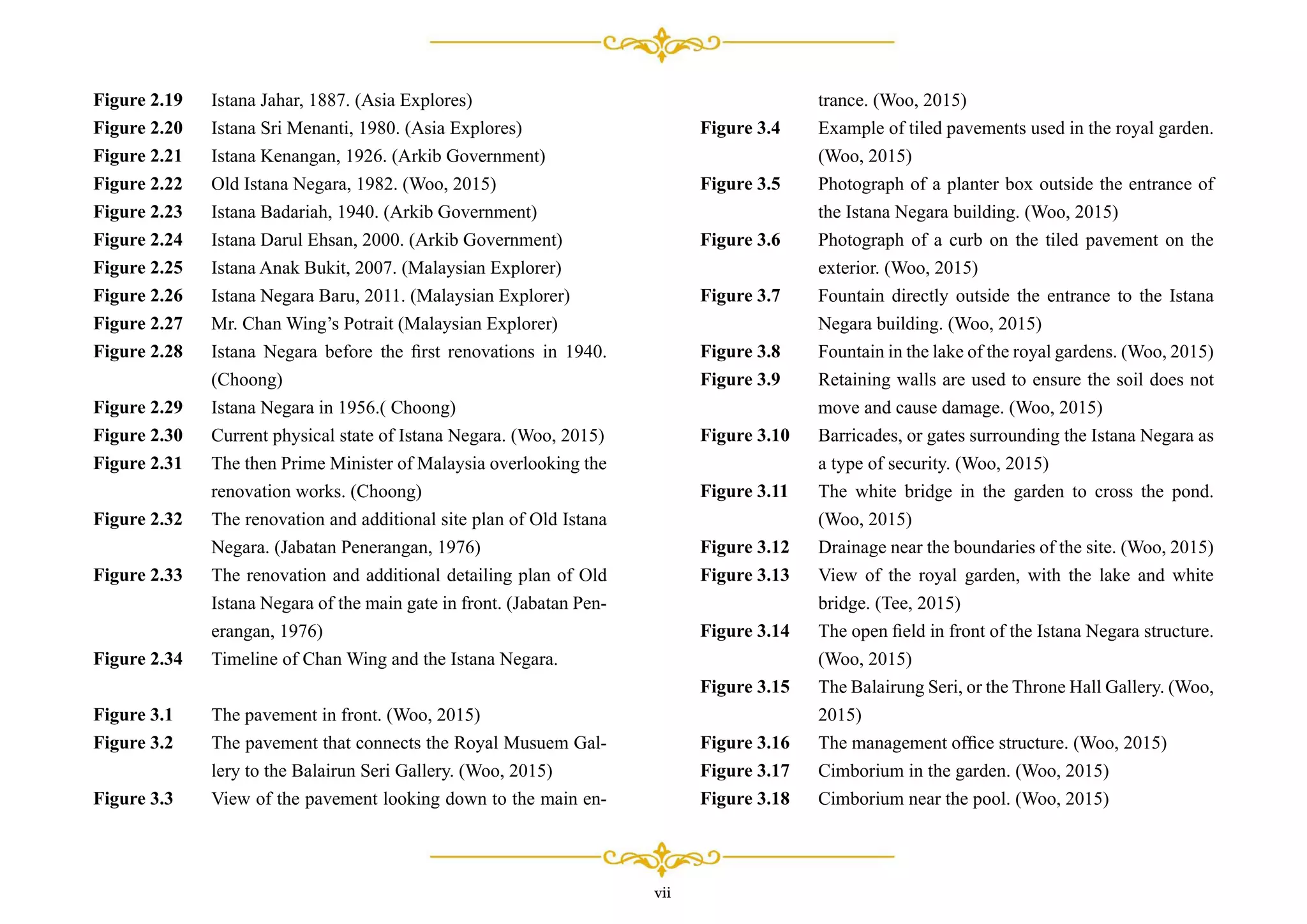 vii
Istana Jahar, 1887. (Asia Explores)
Istana Sri Menanti, 1980. (Asia Explores)
Istana Kenangan, 1926. (Arkib Government)
Old Istana Negara, 1982. (Woo, 2015)
Istana Badariah, 1940. (Arkib Government)
Istana Darul Ehsan, 2000. (Arkib Government)
Istana Anak Bukit, 2007. (Malaysian Explorer)
Istana Negara Baru, 2011. (Malaysian Explorer)
Mr. Chan Wing’s Potrait (Malaysian Explorer)
Istana Negara before the ﬁrst renovations in 1940.
(Choong)
Istana Negara in 1956.( Choong)
Current physical state of Istana Negara. (Woo, 2015)
The then Prime Minister of Malaysia overlooking the
renovation works. (Choong)
The renovation and additional site plan of Old Istana
Negara. (Jabatan Penerangan, 1976)
The renovation and additional detailing plan of Old
Istana Negara of the main gate in front. (Jabatan Pen-
erangan, 1976)
Timeline of Chan Wing and the Istana Negara.
The pavement in front. (Woo, 2015)
The pavement that connects the Royal Musuem Gal-
lery to the Balairun Seri Gallery. (Woo, 2015)
View of the pavement looking down to the main en-
Figure 2.19
Figure 2.20
Figure 2.21
Figure 2.22
Figure 2.23
Figure 2.24
Figure 2.25
Figure 2.26
Figure 2.27
Figure 2.28
Figure 2.29
Figure 2.30
Figure 2.31
Figure 2.32
Figure 2.33
Figure 2.34
Figure 3.1
Figure 3.2
Figure 3.3
trance. (Woo, 2015)
Example of tiled pavements used in the royal garden.
(Woo, 2015)
Photograph of a planter box outside the entrance of
the Istana Negara building. (Woo, 2015)
Photograph of a curb on the tiled pavement on the
exterior. (Woo, 2015)
Fountain directly outside the entrance to the Istana
Negara building. (Woo, 2015)
Fountain in the lake of the royal gardens. (Woo, 2015)
Retaining walls are used to ensure the soil does not
move and cause damage. (Woo, 2015)
Barricades, or gates surrounding the Istana Negara as
a type of security. (Woo, 2015)
The white bridge in the garden to cross the pond.
(Woo, 2015)
Drainage near the boundaries of the site. (Woo, 2015)
View of the royal garden, with the lake and white
bridge. (Tee, 2015)
The open ﬁeld in front of the Istana Negara structure.
(Woo, 2015)
The Balairung Seri, or the Throne Hall Gallery. (Woo,
2015)
The management ofﬁce structure. (Woo, 2015)
Cimborium in the garden. (Woo, 2015)
Cimborium near the pool. (Woo, 2015)
Figure 3.4
Figure 3.5
Figure 3.6
Figure 3.7
Figure 3.8
Figure 3.9
Figure 3.10
Figure 3.11
Figure 3.12
Figure 3.13
Figure 3.14
Figure 3.15
Figure 3.16
Figure 3.17
Figure 3.18
 