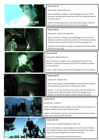 Camera shot 23
Camera shot – Medium Close Up
Sound - Dramatic non diegetic music and dialogue from one of main
characters, sounding very dramatic and sinful. He is telling the audience
his story of events.
Content- His facial expression is very serious and unhappy, unlike the
first, second and third character shown. Its low key lighting
Camera shot 25
Camera shot –Medium Close Up
Sound - Dramatic non diegetic music and dialogue from one of main
characters, sounding very dramatic and sinful. He is telling the audience
his story of events.
Content – Again the same with shot 24. His dialogue is still very dramatic.
Camera shot 24
Camera shot – Over the shoulder Shot
Sound - Dramatic non diegetic music and dialogue from one of main
characters, sounding very dramatic and sinful. He is telling the audience
his story of events and what himself and his team are going to do.
Content- From the night vision effect, the audience knows that majority
of the film is set at night.
Camera shot 28
Camera shot – Long Shot, Walking into space shot.
Sound - Non Diegetic, Dramatic dialogue of one of the main characters,
he is telling the audience what his documentary is about. Non-diegetic
high pitched noise leading to the transition of next shot.
Content- The low key lighting is still looking sinister.
Camera shot 26
Camera shot – Medium Shot
Sound – Non Diegetic, Dramatic dialogue of one of the main characters,
he is telling the audience what his documentary is about.
Content – To me, this shot looks quite sinister, due to the darkness of
the shot and the night vision effect. And still, his dialogue is very
dramatic, he also tell the audience what he is going to be doing.
Camera shot 27
Camera shot – Long Shot
Sound - Non Diegetic, Dramatic dialogue of one of the main characters, he is
telling the audience what his documentary is about.
Content – The characters are back in the graveyard and again this connotes
death, which could link to the characters.
 