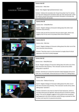 Camera shot 29
Camera shot – Wide Shot
Sound – Non diegetic high pitched dramatic noise.
Content- I believe this translates into ‘Grave Encounters’ but I’m not too
sure. But even without the translation when we read ‘paranormali’ I think
the audience would think paranormal which then gives us the idea that
this is what the film will include.
Camera shot 30
Camera shot – Wide/Mid Shot
Sound – Diegetic dialogue of character talking about the other main
characters documentary.
Content- We see the first character that was shown again, which now
suggests that he has more to say about these three characters.
Camera shot 33
Camera shot – Medium Close Up
Sound - Diegetic dialogue of character talking about the other one of
the main characters documentary. Then character sounds serious when
talking about ‘episode 6’.
Content- Zoomed in very close to show his facial expression, which to
me looks distressed and agitated, obviously because of what he talking
about. This and his dialogue suggests to the audience that something
bad happened to the three characters whilst filming an episode for their
tv show, and may link it to paranormal activity.
Camera shot 32
Camera shot – Wide/Mid Shot
Sound - Diegetic dialogue of character talking about the other one of the
main characters documentary. Then character sounds serious when
talking about ‘episode 6’
Content- Zoomed out to show the characters body language and to me it
looks very uncomfortable, obviously because of what he is talking about.
Camera shot 31
Camera shot – Mid shot
Sound - Diegetic dialogue of character talking about the other one of the
main characters documentary.
Content- They then zoom in to the character to maybe show his facial
expression more than his body language
 