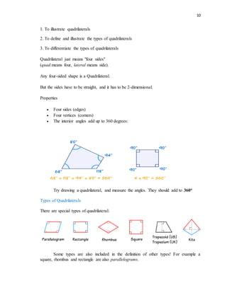10
1. To illustrate quadrilaterals
2. To define and illustrate the types of quadrilaterals
3. To differentiate the types of quadrilaterals
Quadrilateral just means "four sides"
(quad means four, lateral means side).
Any four-sided shape is a Quadrilateral.
But the sides have to be straight, and it has to be 2-dimensional.
Properties
 Four sides (edges)
 Four vertices (corners)
 The interior angles add up to 360 degrees:
Try drawing a quadrilateral, and measure the angles. They should add to 360°
Types of Quadrilaterals
There are special types of quadrilateral:
Some types are also included in the definition of other types! For example a
square, rhombus and rectangle are also parallelograms.
 