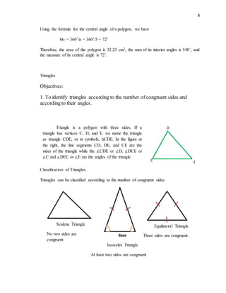 8
Using the formula for the central angle of a polygon, we have
ΘC = 360˚/n = 360˚/5 = 72˚
Therefore, the area of the polygon is 32.25 cm2, the sum of its interior angles is 540˚, and
the measure of its central angle is 72˚.
Triangles
Objectives:
1. To identify triangles according to the number of congruent sides and
according to their angles.
Classification of Triangles
Triangles can be classified according to the number of congruent sides
Scalene Triangle
No two sides are
congruent
Equilateral Triangle
Three sides are congruent.
Triangle is a polygon with three sides. If a
triangle has vertices C, D, and E. we name the triangle
as triangle CDE, or in symbols, ∆CDE. In the figure at
the right, the line segments CD, DE, and CE are the
sides of the triangle while the ∠CDE or ∠D, ∠DCE or
∠C and ∠DEC or ∠E are the angles of the triangle.
C
D
E
Base
Isosceles Triangle
At least two sides are congruent
 