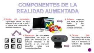  Marcadores: los marcadores
básicamente son hojas de
papel con símbolos que el
software interpreta y de
acuerdo a un marcador
especifico realiza una
respuesta especifica.
 Monitor del computador:
instrumento donde se vera
reflejado la suma de lo real y
lo virtual que conforman la
realidad aumentada.
 Cámara Web:
dispositivo que toma la
información del mundo
real y la transmite al
software de realidad
aumentada.
 Software: programa
que toma los datos
reales y los
transforma en
realidad aumentada.
 