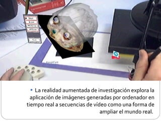 La realidad aumentada de investigación explora la aplicación de imágenes generadas por ordenador en tiempo real a secuencias de vídeo como una forma de ampliar el mundo real.  