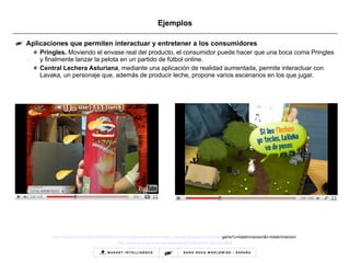 Ejemplos Aplicaciones que permiten interactuar y entretener a los consumidores Pringles.  Moviendo el envase real del producto, el consumidor puede hacer que una boca coma Pringles y finalmente lanzar la pelota en un partido de fútbol online. Central Lechera Asturiana , mediante una aplicación de realidad aumentada, permite interactuar con Lavaka, un personaje que, además de producir leche, propone varios escenarios en los que jugar. http :// vodpod.com / watch /3896243-axis3d- pringles - augmented - reality - packaging - featuring -football- game?u=totalimmersion&c=totalimmersion   http ://www.youtube.com/user/BriksMagiKos#p/a/f/0/L7pCvkVuRHk 