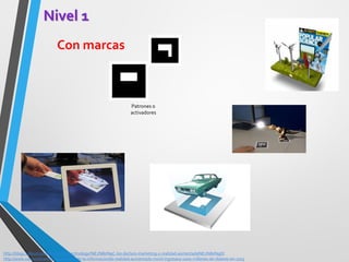 Nivel 1 
Con marcas 
http://blogs.salleurl.edu/dtm-media-technology/%E2%80%9C-los-declaro-marketing-y-realidad-aumentada%E2%80%9D/ 
http://www.computerworld.es/sociedad-de-la-informacion/la-realidad-aumentada-movil-ingresara-1000-millones-de-dolares-en-2015 
Patrones o activadores  