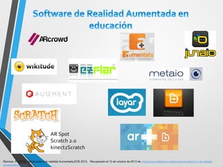 Reinoso, R (2013). Introducción a la realidad Aumentada.EOE 2013. Recuperado el 12 de octubre de 2013 de, http://www.slideshare.net/tecnotic/introduccin-a-la-realidad- aumentada-eoe-2013 
AR Spot Scratch 2.0 kinect2Scratch  