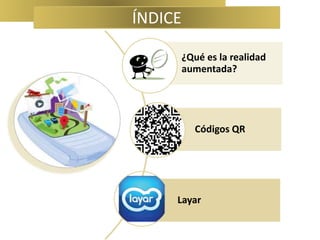 ÍNDICE 
¿Qué es la realidad 
aumentada? 
Códigos QR 
Layar 
 