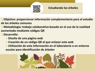 Estudiando los árboles 
Objetivo: proporcionar información complementaria para el estudio 
de los árboles comunes 
Metodología: trabajo colaborativo basado en el uso de la realidad 
aumentada mediante códigos QR 
Desarrollo: 
Diseño de una página web 
Creación de un código QR al que enlazar esta web 
Utilización de esta información en el laboratorio o en entorno 
escolar para identificación de árboles 
 