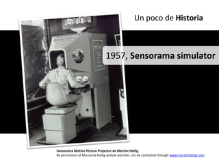 Un poco de Historia



                               1957, Sensorama simulator




Sensorama Motion Picture Projector de Morton Heilig,
By permission of Marianne Heilig widow and heir, can be contacted through www.mortonheilig.com
 