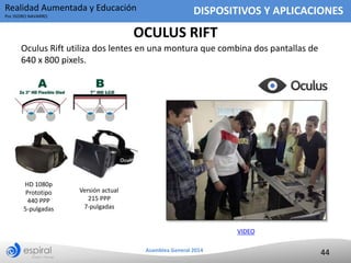 Realidad Aumentada y Educación
Por ISIDRO NAVARRO

DISPOSITIVOS Y APLICACIONES

OCULUS RIFT
Oculus Rift utiliza dos lentes...