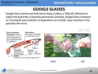 Realidad Aumentada y Educación
Por ISIDRO NAVARRO

DISPOSITIVOS Y APLICACIONES

GOOGLE GLASSES
Google Glass Camera permite...