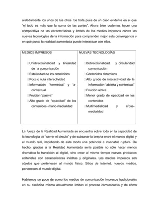 aisladamente los unos de los otros. Se trata pues de un caso evidente en el que
“el todo es más que la suma de las partes”. Ahora bien podemos hacer una
comparativa de las características y limites de los medios impresos contra las
nuevas tecnologías de la información para comprender mejor esta convergencia y
en qué punto la realidad aumentada puede interactuar con ellos.
MEDIOS IMPRESOS
Unidireccionalidad y linealidad
de la comunicación
Estaticidad de los contenidos
Poca o nula interactividad
Información “hermética” y “a-
contextual
Fruición “pasiva”
Alto grado de “opacidad” de los
contenidos -mono-medialidad
NUEVAS TECNOLOGÍAS
Bidireccionalidad y circularidad
comunicación
Contenidos dinámicos
Alto grado de interactividad de la
información “abierta y contextual”
Fruición activa
Menor grado de opacidad en los
contenidos
Multimedialidad y cross-
medialidad
La fuerza de la Realidad Aumentada se encuentra sobre todo en la capacidad de
la tecnología de “cerrar el círculo” y de subsanar la brecha entre el mundo digital y
el mundo real, impidiendo de este modo una potencial e insanable ruptura. De
hecho, gracias a la Realidad Aumentada sería posible no sólo hacer menos
dramática la transición al digital, sino crear al mismo tiempo nuevos productos
editoriales con características inéditas y originales. Los medios impresos son
objetos que pertenecen al mundo físico. Sitios de internet, nuevos medios,
pertenecen al mundo digital.
Hablemos un poco de como los medios de comunicación impresos tradicionales
en su escénica misma actualmente limitan el proceso comunicativo y de cómo
 