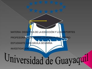 MATERIA: DIDÁCTICA DE LA EDUCCIÓN Y LOS DEPORTES PROFESORA: LCDA. MARIA LOURDES PLOUZ FIERRO ESTUDIANTE: LUIS DÁVILA SEGARRA  INVESTIGACIÓN  Universidad de Guayaquil 