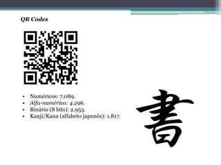 QR Codes•    Numéricos: 7.089.•    Alfa-numérico: 4.296.•    Binário (8 bits): 2.953.•    Kanji/Kana (alfabeto japonês): 1.817.