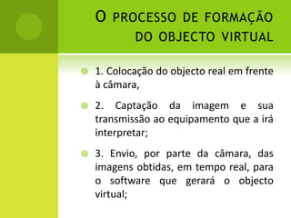 O processo de formação do objecto virtual 1. Colocação do objecto real em frente à câmara, 2. Captação da imagem e sua transmissão ao equipamento que a irá interpretar;3. Envio, por parte da câmara, das imagens obtidas, em tempo real, para o software que gerará o objecto virtual;