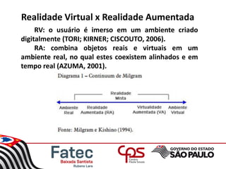 Realidade Virtual x Realidade Aumentada
RV: o usuário é imerso em um ambiente criado
digitalmente (TORI; KIRNER; CISCOUTO, 2006).
RA: combina objetos reais e virtuais em um
ambiente real, no qual estes coexistem alinhados e em
tempo real (AZUMA, 2001).
 