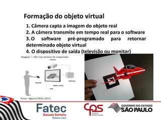Formação do objeto virtual
1. Câmera capta a imagem do objeto real
2. A câmera transmite em tempo real para o software
3.O software pré-programado para retornar
determinado objeto virtual
4. O dispositivo de saída (televisão ou monitor)
 