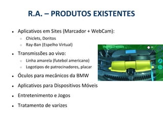 R.A. – PRODUTOS EXISTENTES
●   Aplicativos em Sites (Marcador + WebCam):
    ○   Chiclets, Doritos
    ○   Ray-Ban (Espelho Virtual)
●   Transmissões ao vivo:
    ○   Linha amarela (futebol americano)
    ○   Logotipos de patrocinadores, placar
●   Óculos para mecânicos da BMW
●   Aplicativos para Dispositivos Móveis
●   Entretenimento e Jogos
●   Tratamento de varizes
 