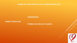 EXEMPLOS COM PARTÍCULAS OU AMOSTRAS DE DNA
SOMOS TODOS UM?
HUMANIDADE
FORMAS DE VIDA NO PLANETA
 
