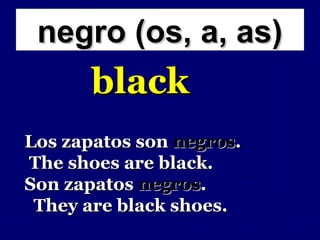 negro (os, a, as)
       black
Los zapatos son negros.
The shoes are black.
Son zapatos negros.
 They are black shoes.
 