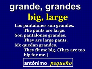 grande, grandes
       big, large
 Los pantalones son grandes.
     The pants are large.
 Son pantalones grandes.
     They are large pants.
 Me quedan grandes.
     They fit me big. (They are too
     big for me.)

     antónimo - pequeño
 
