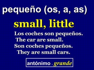 pequeño (os, a, as)
  small, little
  Los coches son pequeños.
  The car are small.
  Son coches pequeños.
   They are small cars.

      antónimo - grande
 