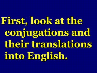 First, look at the
 conjugations and
 their translations
 into English.
 