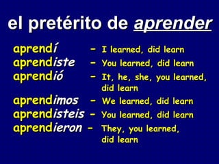 el pretérito de aprender
aprendí      -   I learned, did learn
aprendiste   -   You learned, did learn
aprendió     -   It, he, she, you learned,
                 did learn
aprendimos -     We learned, did learn
aprendisteis -   You learned, did learn
aprendieron -    They, you learned,
                 did learn
 