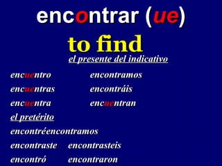encontrar (ue)
       to find
        el presente del indicativo
encuentro          encontramos
encuentras         encontráis
encuentra          encuentran
el pretérito
encontré encontramos
encontraste encontrasteis
encontró      encontraron
 
