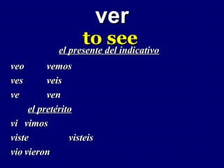 ver
                   to del indicativo
             el presente
                         see
veo       vemos
ves       veis
ve        ven
     el pretérito
vi vimos
viste           visteis
vio vieron
 