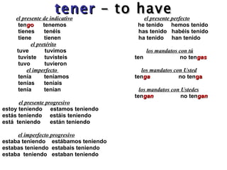 tener   – to have el presente de indicativo   el presente perfecto ten go   tenemos   he tenido  hemos tenido tienes  ten é i s has tenido  habéis tenido tiene  tienen ha tenido  han tenido   el pretérito     tuve  tuvimos   los mandatos con tú tuviste  tuvisteis    ten  no ten gas tuvo  tuvieron      el imperfecto    los mandatos con Usted tenía  teníamos   ten ga   no ten ga tenías  teníais tenía  tenían  los mandatos con Ustedes   ten gan   no ten gan   el presente progresivo estoy teniendo  estamos teniendo estás teniendo  estáis teniendo está  teniendo  están teniendo el imperfecto progresivo estaba teniendo  estábamos teniendo estabas teniendo  estabais teniendo estaba  teniendo  estaban teniendo  