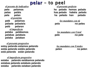pelar   – to peel   el pesente de indicativo     el presente perfecto pelo  pelamos   he  pelado  hemos  pelado  pelas  pel áis   has pelado  habéis  pelado  pela  pelan   ha  pelado  han  pelado  el pretérito pelé  pelamos  los mandatos con tú pelaste  pelasteis  pela  no peles peló  pelaron   el imperfecto pelaba  pelábamos   los mandatos con Usted pelabas  pelabais   pele  no pele pelaba  pelaban    el presente progresivo estoy pelando estamos pelando  los mandatos con Ustedes estás pelando estáis pelando  pelen  no pelen está pelando  están pelando   el imperfecto progresivo estaba   pelando estábamos pelando  estabas pelando estabais pelando  estaba  pelando estaban   pelando     