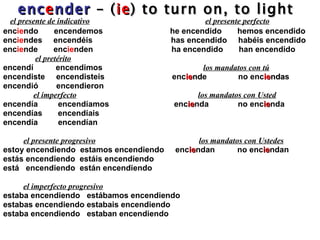 enc e nder   – ( ie ) to turn on, to light   el presente de indicativo   el presente perfecto enc ie ndo  encendemos  he encendido  hemos encendido enc ie ndes  encend éis  has  encendido  hab éis  encendido enc ie nde  enc ie nden  ha  encendido  han encendido el pretérito   encendí  encendimos  los mandatos con tú encendiste  encendisteis    enc ie nd e  no enc ie nda s encendió  encendieron   el imperfecto   los mandatos con Usted encendía  encendíamos  enc ie nda  no enc ie nda  encendías  encendíais encendía  encendían el presente progresivo   los mandatos con Ustedes estoy encendiendo  estamos encendiendo  enc ie ndan  no enc ie ndan estás encendiendo  estáis encendiendo está  encendiendo  están encendiendo el imperfecto progresivo estaba encendiendo  estábamos encendiendo estabas encendiendo estabais encendiendo estaba encendiendo  estaban encendiendo   