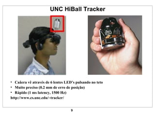 UNC HiBall Tracker Caâera vê através de 6 lentes LED’s pulsando no teto Muito preciso (0.2 mm de erro de posição) Rápido (1 ms latency, 1500 Hz) http:// www.cs.unc.edu /~tracker/ 
