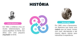 HISTÓRIA
Em 1853, o britânico criou um
óculos estereoscópico, que
usava espelhos na frente dos
olhos com uma pequena
angulação na lente.
Charles Wheatstone
Em 1960, criou o Sensorama,
um fliperama que trazia uma
cadeira que se mexia, óculos
com visor, alto-falantes e até
mesmo alguns odores para
intensificar a experiência.
Morton Heilig
 