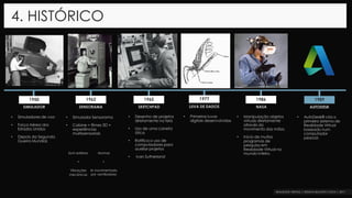 • Simuladores de voo
• Força Aérea dos
Estados Unidos
• Depois da Segunda
Guerra Mundial.
4. HISTÓRICO
1962 1965 1977 1986 19891950
• Simulador Sensorama
• Cabine = filmes 3D +
experiências
multissensoriais
• Primeiras luvas
digitais desenvolvidas
• Manipulação objetos
virtuais diretamente
através do
movimento das mãos.
• Início de muitos
programas de
pesquisa em
Realidade Virtual no
mundo inteiro.
• AutoDesk® cria o
primeiro sistema de
Realidade Virtual
baseado num
computador
pessoal.
Som estéreo
+
Vibrações
mecânicas
Aromas
+
Ar movimentado
por ventiladores
SIMULADOR SENSORAMA SKETCHPAD LUVA DE DADOS NASA AUTODESK
• Desenho de projetos
diretamente na tela
• Uso de uma caneta
ótica
• Ratifica o uso de
computadores para
auxiliar projetos
• Ivan Sutherland
 