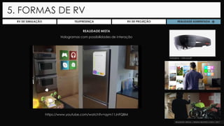 REALIDADE MISTA
Hologramas com possibilidades de interação
RV DE SIMULAÇÃO TELEPRESENÇA RV DE PROJEÇÃO REALIDADE AUMENTADA
*
Hololens – Microsoft
5. FORMAS DE RV
https://www.youtube.com/watch?v=qym11JnFQBM
 