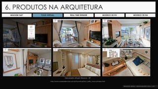 IMAGEM 360° TOUR VIRTUAL REAL TIME RENDER MODELO 3D RV MODELO 3D RA
Decorado virtual, Mooca - SP
http://www.rossiresidencial.com.br/tourvirtual/tour_estilo_mooca/index.html
6. PRODUTOS NA ARQUITETURA
 