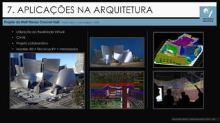 Projeto do Walt Disney Concert Hall | Frank Gehry | Los Angeles | 2003
• Utilização da Realidade Virtual
• CAVE
• Projeto colaborativo
• Modelo 3D + Técnicas RV + metadados
7. APLICAÇÕES NA ARQUITETURA
PROCESSO
PROJETUAL
 