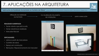 “Aplicações de Realidade Aumentada no Canteiro de Obras” |Jonas de Assis, Max de Andrade e Mikael Brochardt |Pernambuco| Sigradi, 2016
7. APLICAÇÕES NA ARQUITETURA
CONSTRUÇÃO
Utilização da realidade
aumentada
na visualização de projetos
de instalações para a execução
Tubulações hidráulicas
REALIDADE AUMENTADA
• Tornar visível o que está oculto
• Tornar visível futura realidade
• Marcador fiducial
Cuba a ser instalada
DIFICULDADES:
• Leitura a partir de marcadores
• Canteiro de obras
• Espaço em construção
• Remoção / Reposicionamento do marcador
 