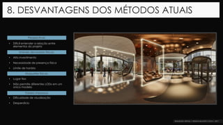 • Difícil entender a relação entre
elementos do projeto
• Alto investimento
• Necessidade de presença física
• Limite de horário
• Lugar fixo
• Não permite diferentes LODs em um
único modelo
• Dificuldade de visualização
• Desperdício
8. DESVANTAGENS DOS MÉTODOS ATUAIS
Perspectivas:
Imóveis decorados físicos:
Maquetes físicas:
Folders impressos
 