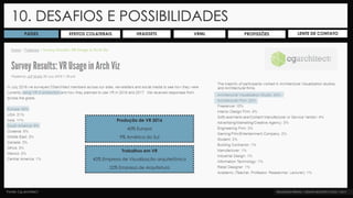 10. DESAFIOS E POSSIBILIDADES
PAÍSES PROFISSÕESEFEITOS COLATERAIS HEADSETS VRML LENTE DE CONTATO
Produção de VR 2016
40% Europa
9% América do Sul
Trabalhos em VR
43% Empresa de Visualização arquitetônica
22% Empresa de Arquitetura
Fonte: Cg architect
 