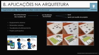 “Augmented reality - Recognition of multiple models simultaneously” | Ana Regina Cuperschmid, Regina Ruschel e Ana Maria Monteiro | 2015
8. APLICAÇÕES NA ARQUITETURA
CONCEPÇÃO
• Equipamento urbanos
• Dimensões variadas
• Visualizados simultaneamente
• Projeto participativo
em Realidade
Aumentada
Reconhecimento
dos modelos 3D
Ipad
Ipad com auxílio de projetor
EquipAR!Modelo 3D no Revit
 