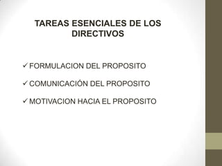 TAREAS ESENCIALES DE LOS
DIRECTIVOS
 FORMULACION DEL PROPOSITO
 COMUNICACIÓN DEL PROPOSITO
 MOTIVACION HACIA EL PROPOSITO
 