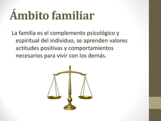 Ámbito familiar
La familia es el complemento psicológico y
espiritual del individuo, se aprenden valores
actitudes positivas y comportamientos
necesarios para vivir con los demás.
 