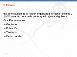 El Estado
 Es la institución de la nación organizada territorial, política y
jurídicamente; dotada de poder que lo ejerce el gobierno.
 Sus Elementos son:
– Gobierno
– Población
– Territorio
– Orden Jurídico

Page  17

 