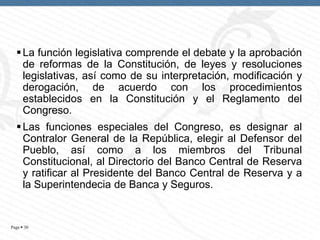  La función legislativa comprende el debate y la aprobación
de reformas de la Constitución, de leyes y resoluciones
legislativas, así como de su interpretación, modificación y
derogación, de acuerdo con los procedimientos
establecidos en la Constitución y el Reglamento del
Congreso.
 Las funciones especiales del Congreso, es designar al
Contralor General de la República, elegir al Defensor del
Pueblo, así como a los miembros del Tribunal
Constitucional, al Directorio del Banco Central de Reserva
y ratificar al Presidente del Banco Central de Reserva y a
la Superintendecia de Banca y Seguros.

Page  30

 